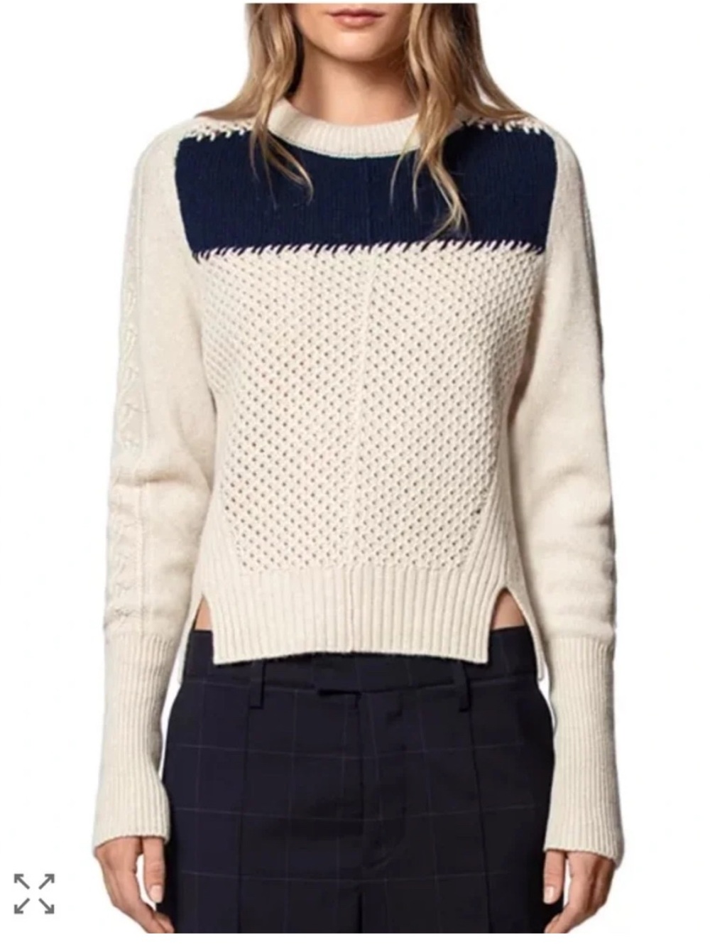 Zadig & Voltaire cream & navy blue Rozenn Wool Cashmere Sweater textured, XS